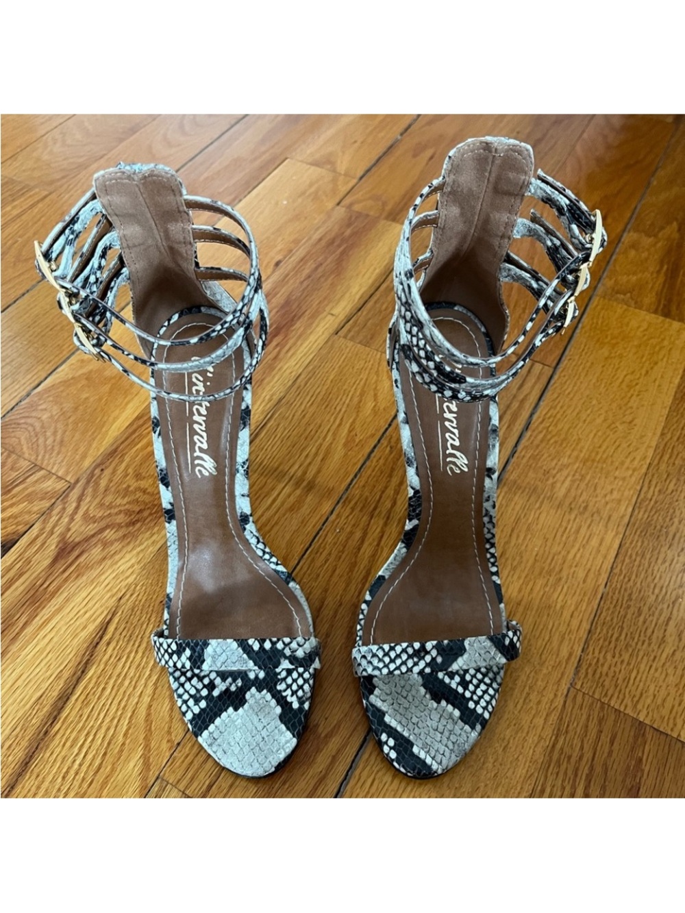MWOT - L'INTERVALLE Black & White Snake-Print Strappy Ankle-Heel Sandals